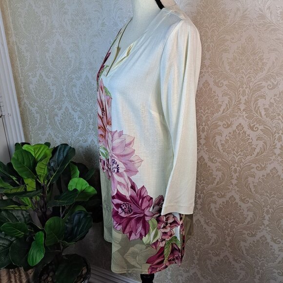 Soft Surroundings Size Small Floral Print Tunic 3/4 Sleeves Cream/Pink/Green EUC - Picture 5 of 15